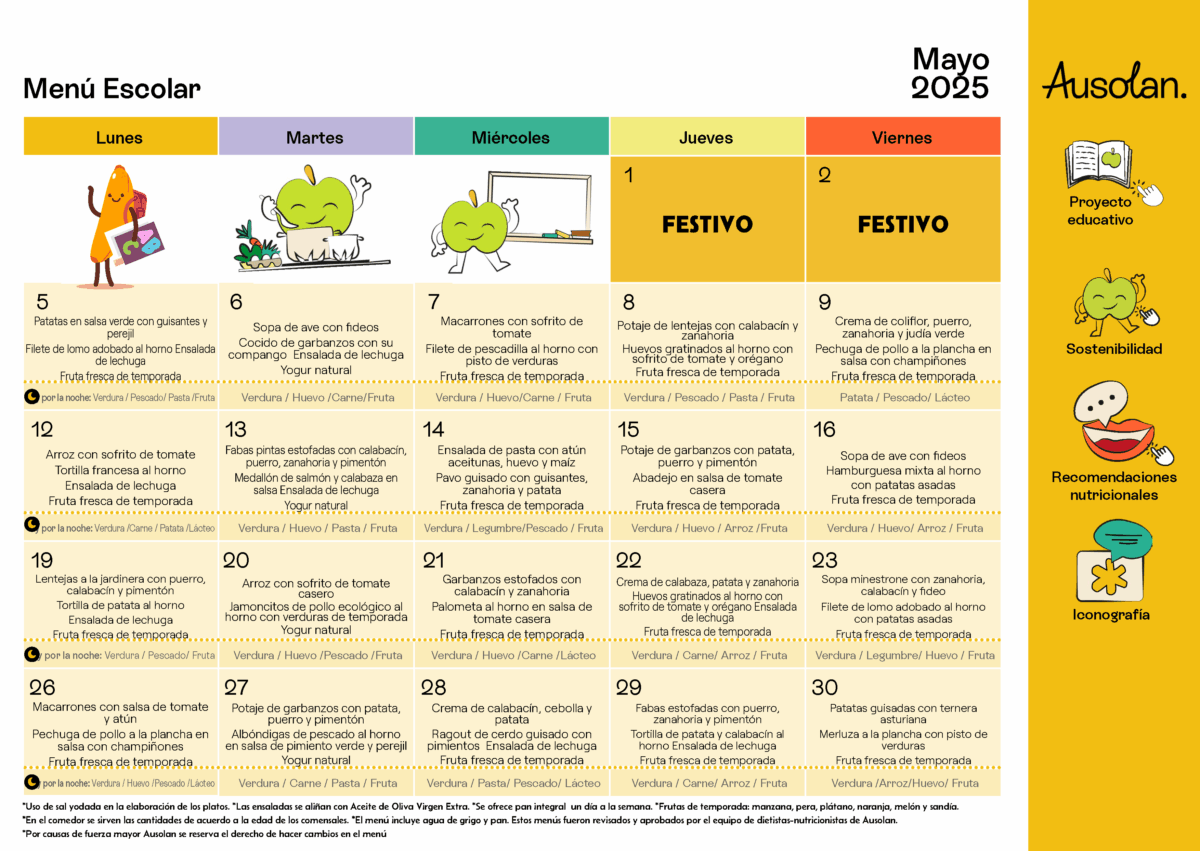 Comedor escolar: menú mayo