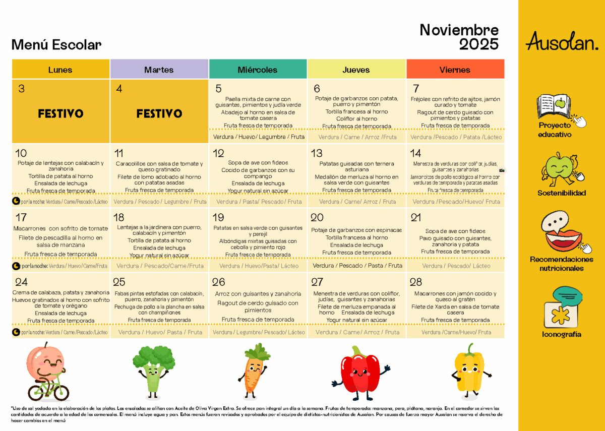 Comedor escolar: menú noviembre
